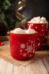 Hot chocolate. Traditional Christmas and winter drink, made with milk and cocoa and served with a marshmallow topping.