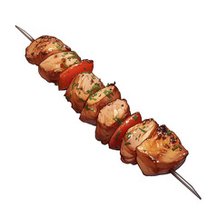 Grilled pork kebab with vegetables on skewer, isolated on white background, showcasing delicious and appetizing meal. Perfect for Mediterranean cuisine lovers