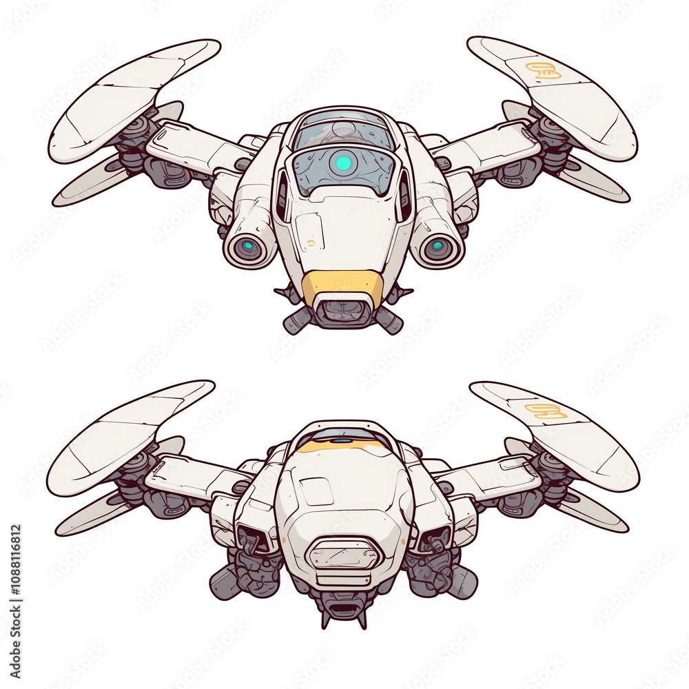 Poster futuristic nano drones with cyberpunk design, featuring sleek white bodies and advanced technology, 