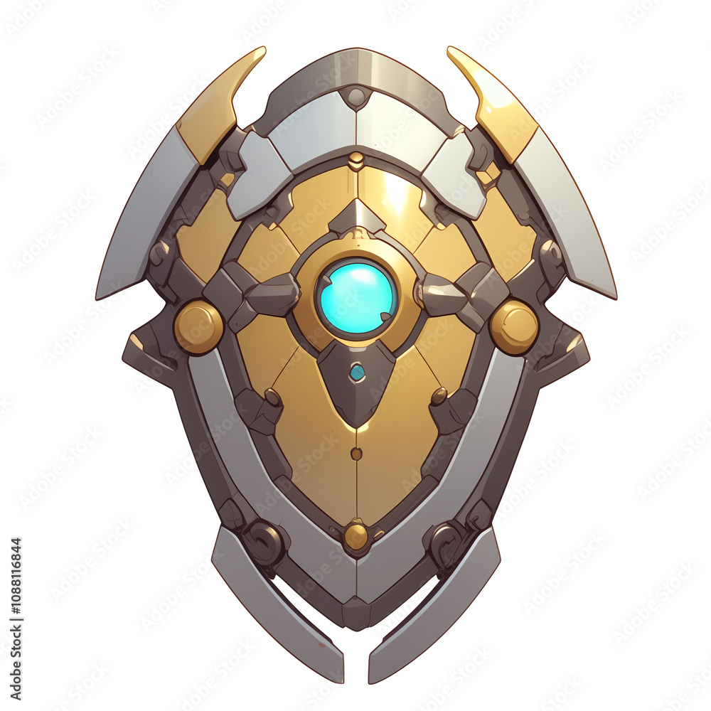 Poster futuristic shield with metallic and gold design featuring glowing blue core, isolated on white backg