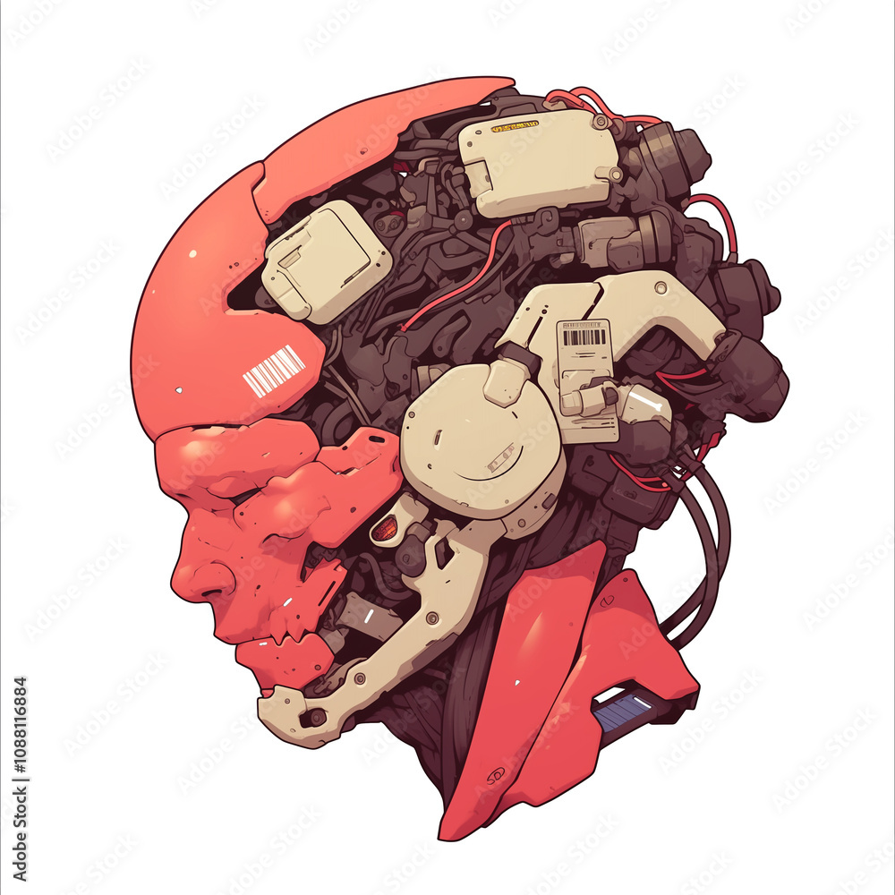 Poster futuristic cybernetic head with intricate neural interfaces and mechanical components, showcasing blend of human and machine elements in cyberpunk style