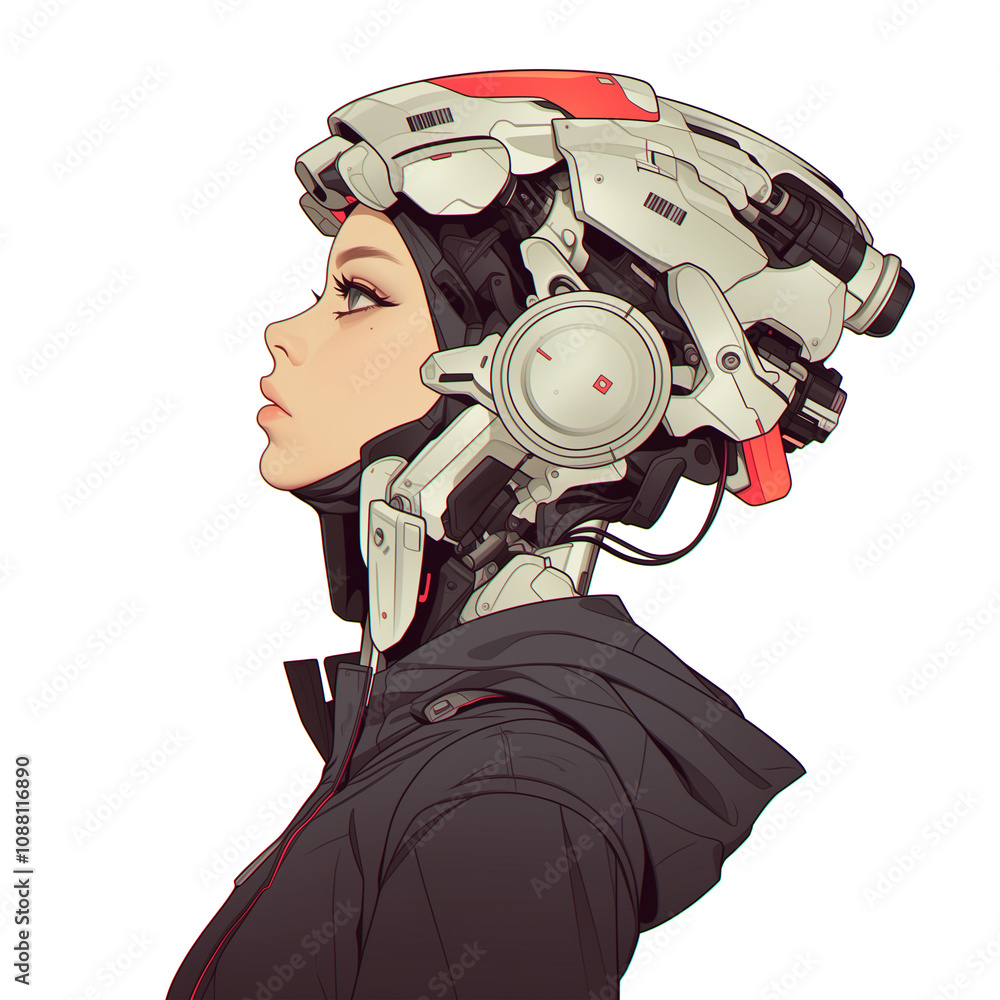 Poster woman wearing futuristic neural interface helmet, showcasing cyberpunk aesthetics with intricate mec