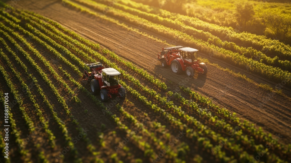 Poster robotic machines efficiently work the fields, planting crops on a vibrant farm as the sun sets, illu