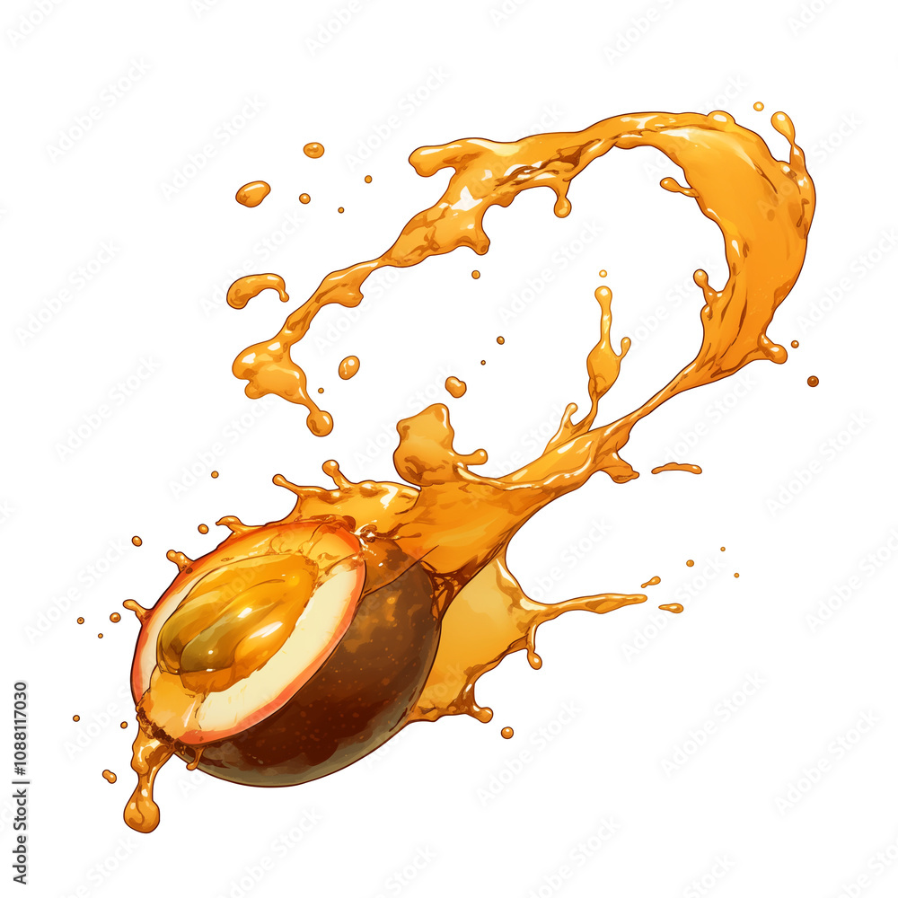 Poster passion fruit juice splashes dynamically from halved fruit, isolated on white background, capturing 