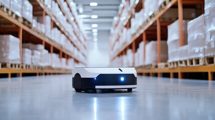 A futuristic AI-driven autonomous robot for automated warehouse operations, clean warehouse environment with robots designed for efficient inventory management and order fulfillment