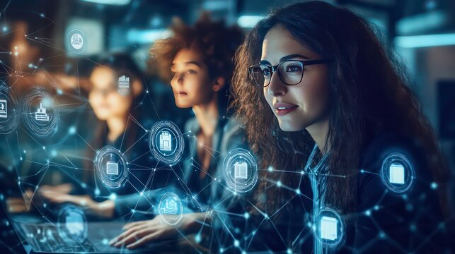 A team of diverse young women working on laptops in a modern office, connected by a network of digital icons.