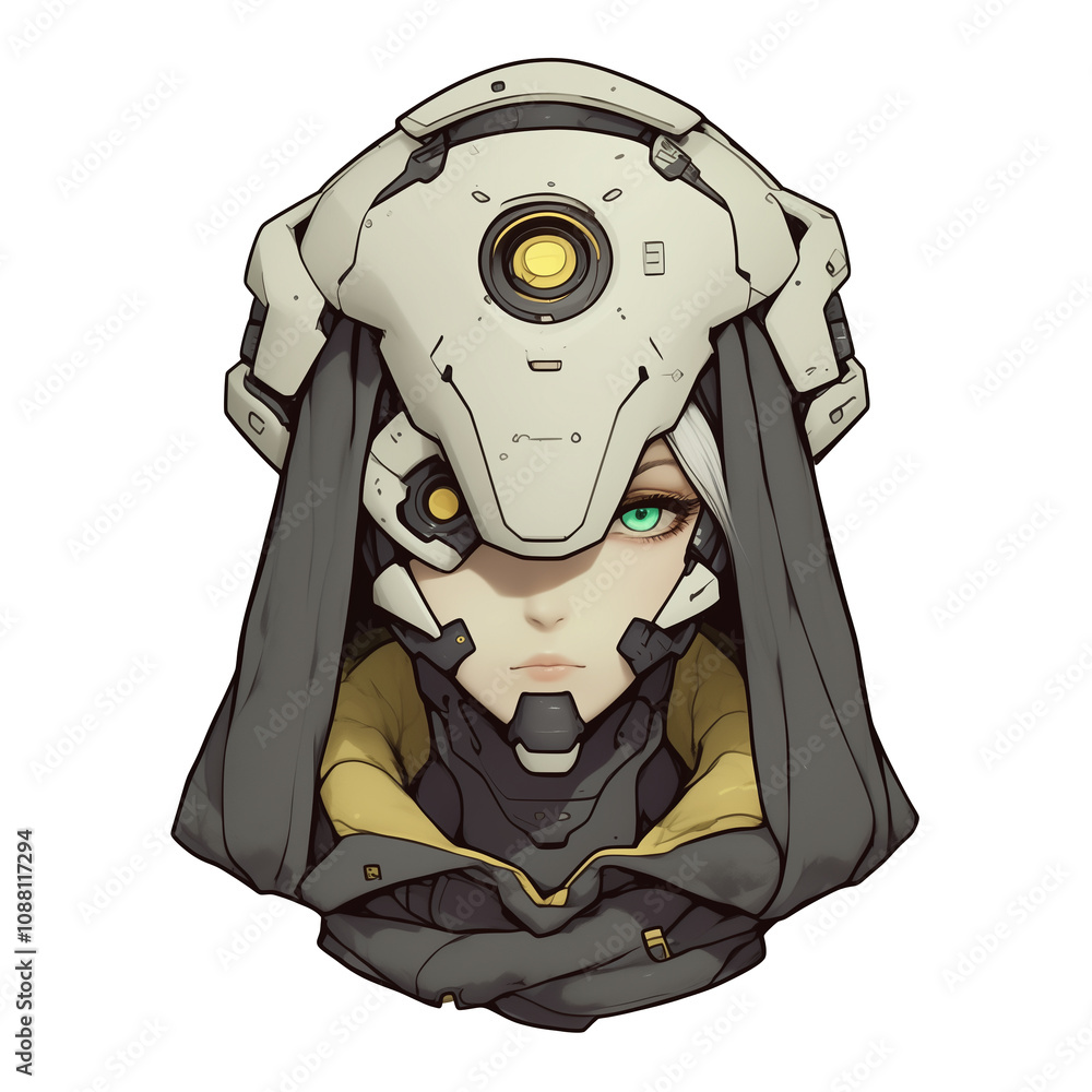 Poster Futuristic helmet design with robotic aesthetic, featuring intricate details and central glowing element, worn by character with focused expression