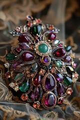 A stunning jeweled brooch featuring an array of colorful stones, including purple, green, and pink, intricately set in an ornate design.