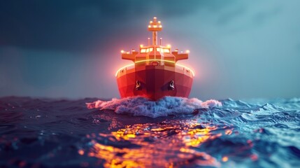 Obraz premium A red ship with glowing lights sails through a stormy sea.