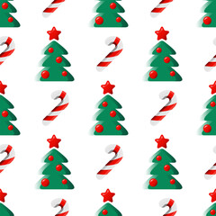 Seamless pattern with Christmas trees and candy canes on a white background. Colorful festive background with 3d effect for Christmas. Cute fir trees and Christmas canes pattern for wrapping paper