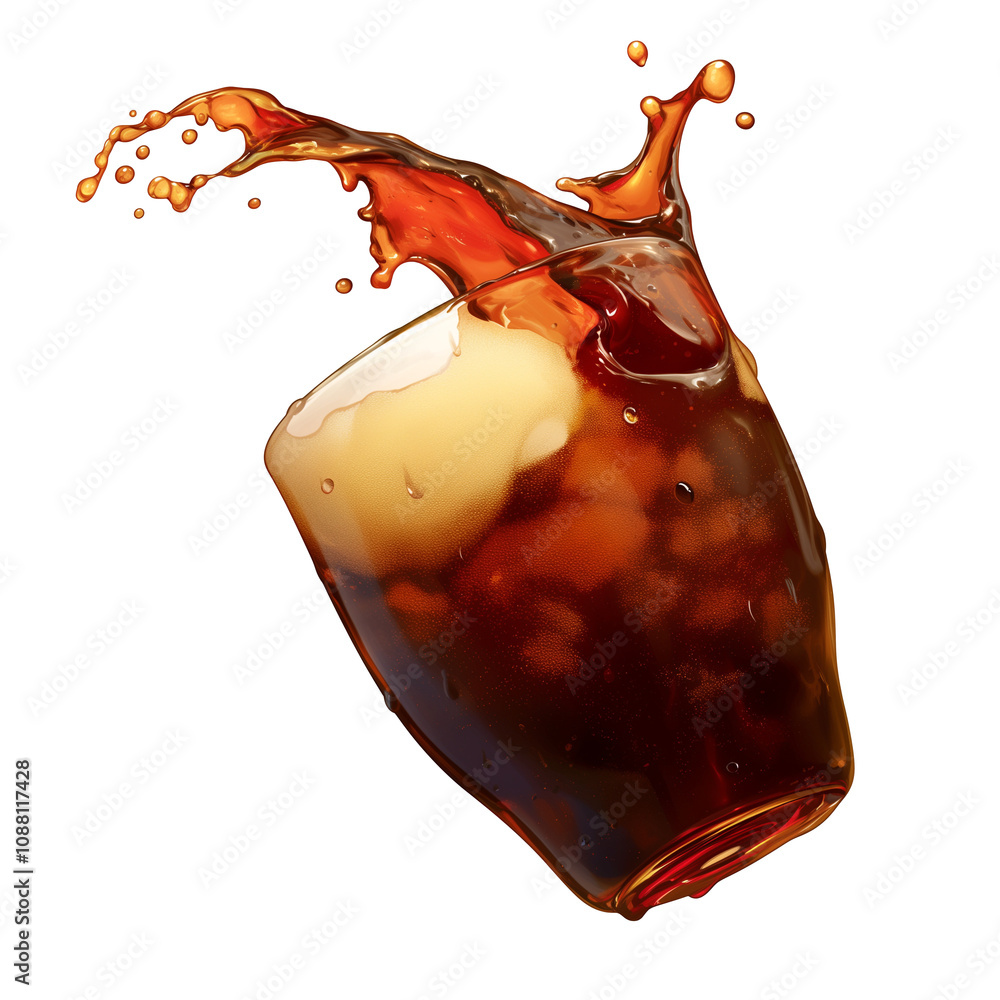 Poster glass of root beer splashes dramatically, isolated on white background, capturing dynamic motion and