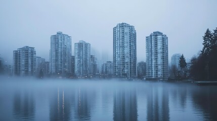 Fototapeta premium A cityscape with tall buildings reflecting in a foggy lake at dawn.