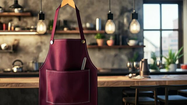 A red apron with a pocket is hanging on a kitchen counter. The apron is made of a soft material and has a silver spoon in the pocket. The kitchen is well-equipped with various items such as cups