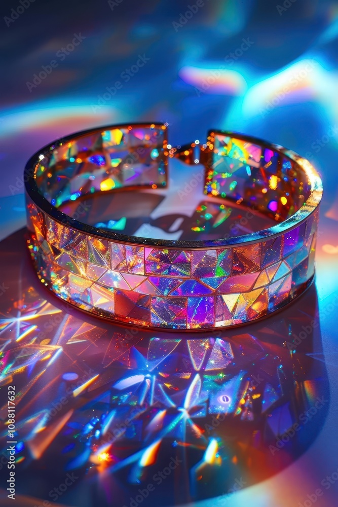 Poster A colorful, sparkling bracelet made of prism-like materials, casting vibrant reflections and light patterns on a surface.