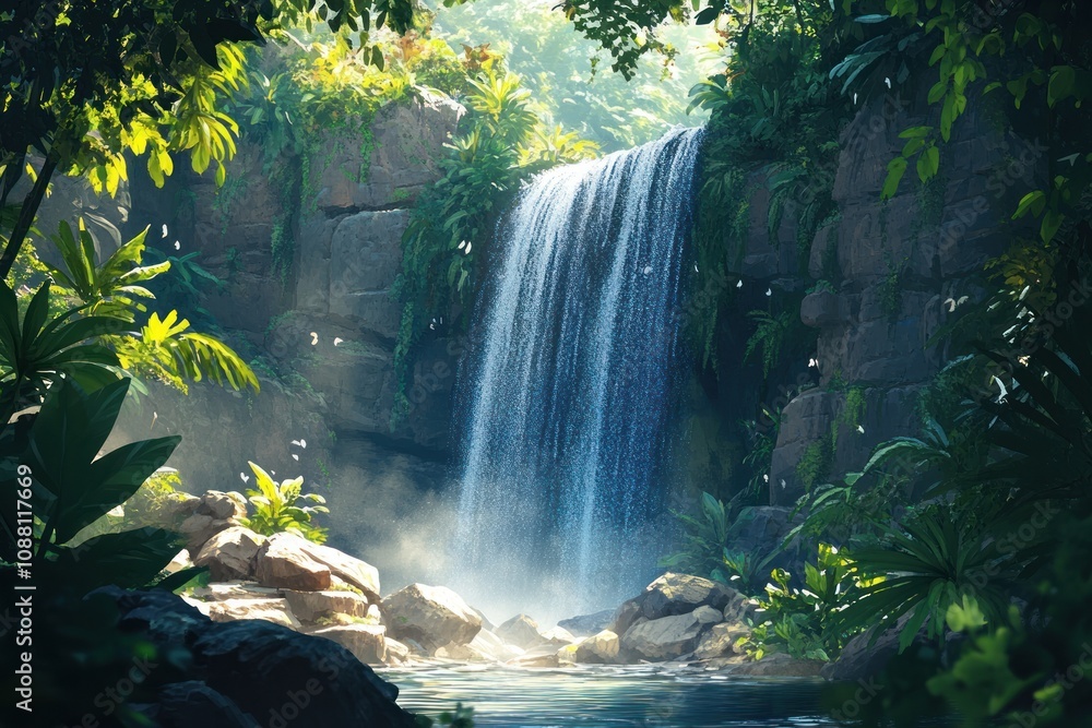 Poster a cascading waterfall surrounded by lush greenery, sunlight filtering through the leaves, creating a