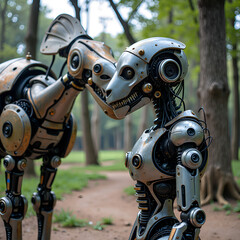 Fototapeta premium Intriguing interaction between robot creatures in a lush green environment captured with artistic detail, photorealistic of robotic interaction concept.