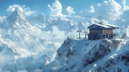 Mountaintop ski lodge with stunning snowy peaks and chairlift.