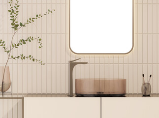 Elegant vanity with Glass sink bowl, backlit mirror. Modern Bathroom Interior with minimalist sink and mirror light 3d render

