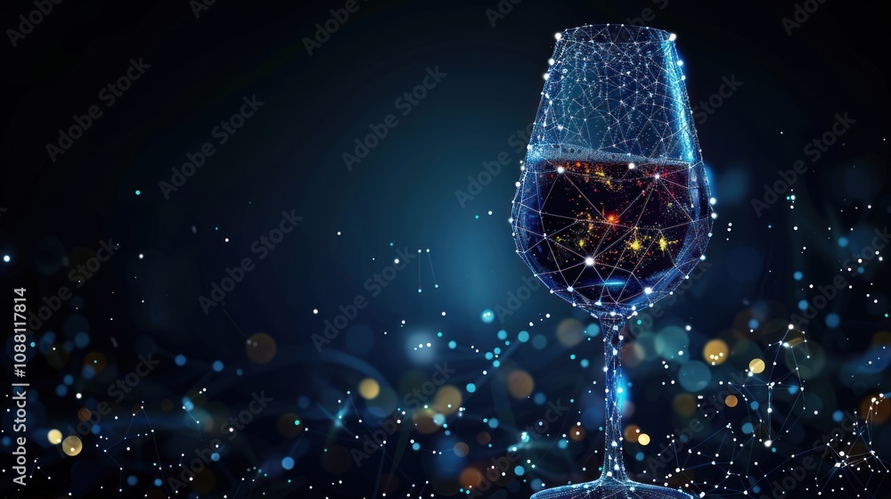 Poster a glass of red wine with a blue and black background of a connected network of dots and lines, with 
