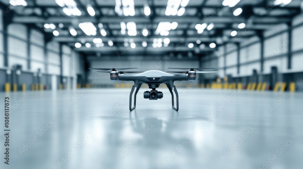 Poster A futuristic AI-driven autonomous security drone for perimeter monitoring, clean industrial site with drones equipped for surveillance and real-time threat detection, Security Drone style