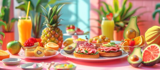 Fototapeta premium A colorful and inviting breakfast spread with fresh fruit, pastries and juice on a pink table.