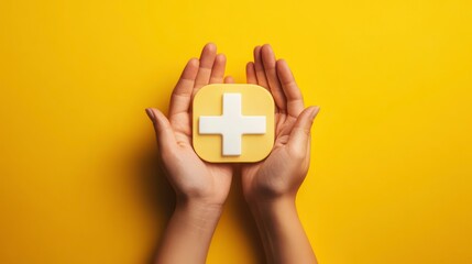 Two hands holding a yellow square with a white plus sign on a yellow background.