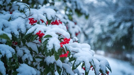viburnum bush with red berries in winter during snowfall