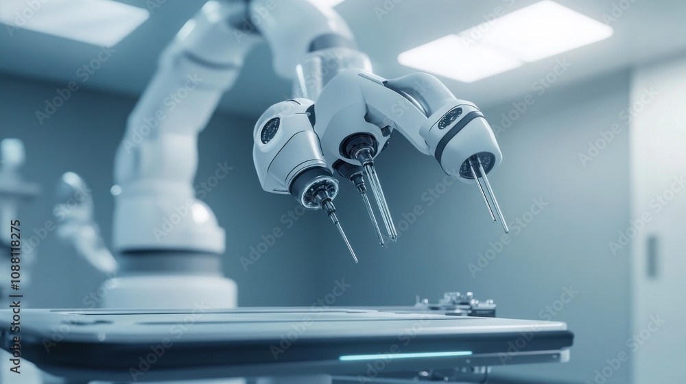 Poster A futuristic AI-driven autonomous surgical robot, clean operating room with advanced robotic arms and precision tools for minimally invasive procedures, Surgical style