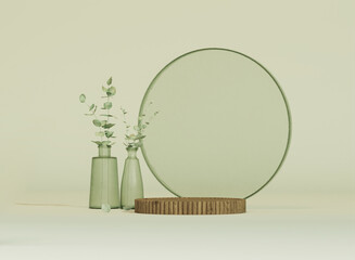 3D render wooden podium with glass wall, tropical leaves of plants, showcase with shadows on pastel background Stage showcase on pedestal display beige studio, exhibitions, cosmetic of products	
