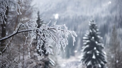 it is snowing in the forest, a tree branch covered with a thick layer against the background of snow-covered trees during snowfall