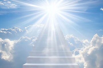 Fototapeta premium Stairs to heaven in beautiful blue sky. Stairway through the clouds leading to heavenly light. Heavens gate. After life concept in christian religion