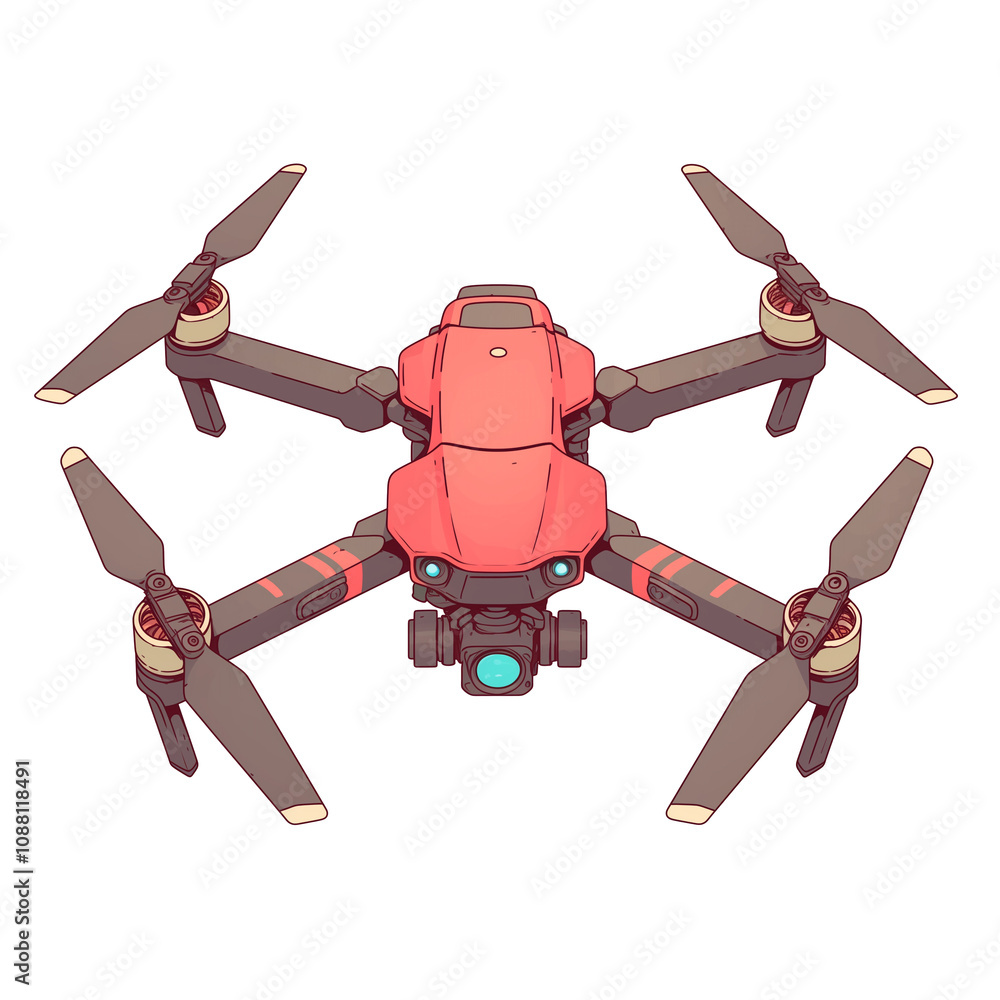 Aufkleber red drone with flat design is isolated on white background, showcasing its propellers and camera. il