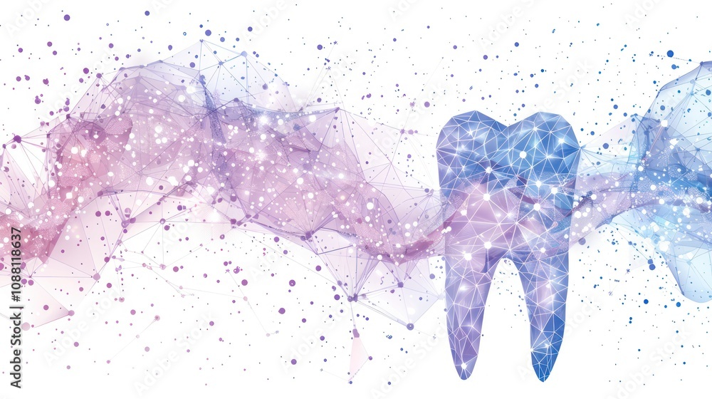 Poster a single tooth in a polygonal style with abstract shapes in the background.