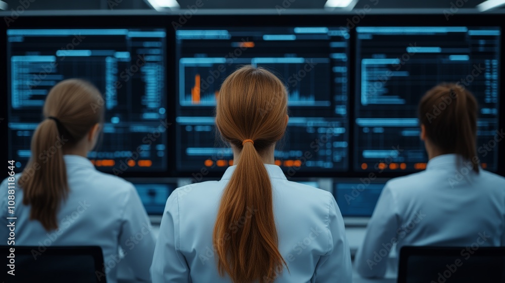 Poster data analysts at work: three women in white lab coats focus intently on a bank of computer monitors 