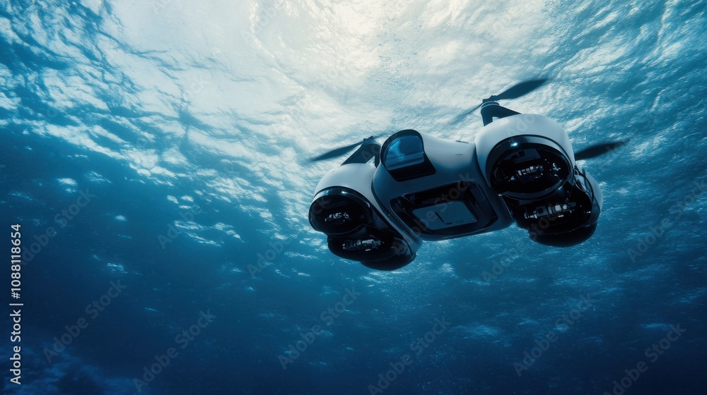 Poster A futuristic AI-driven autonomous underwater drone for marine research, clean oceanic environment with drones designed for deep-sea exploration and data collection, Marine Research style