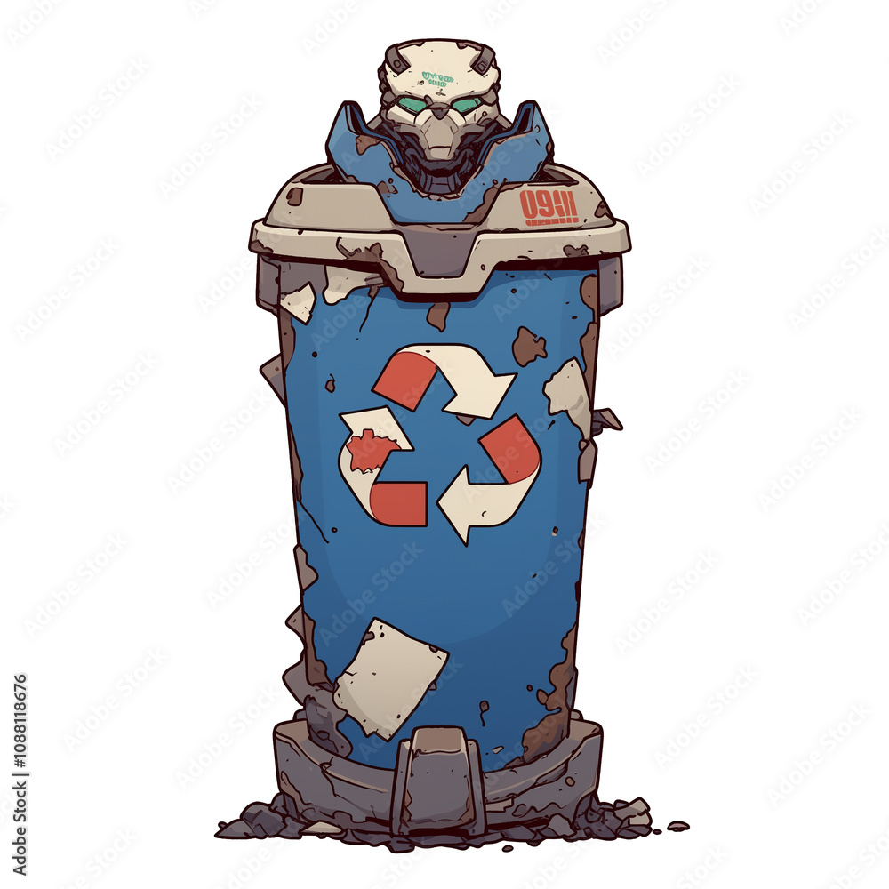 Poster futuristic, cyberpunk style trash bin with recycling symbol, featuring robotic design and weathered 