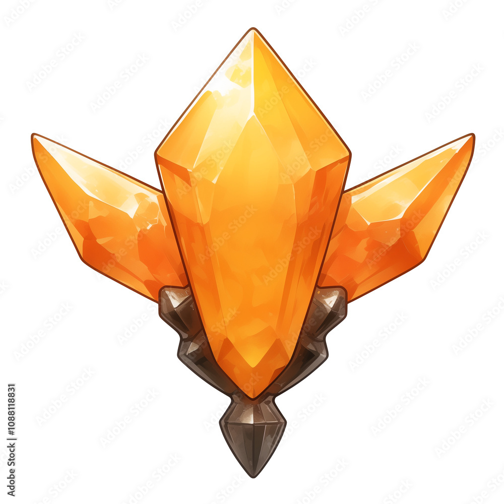 Poster vibrant orange crystal emblem with flat design, featuring three sharp, faceted points and metallic b