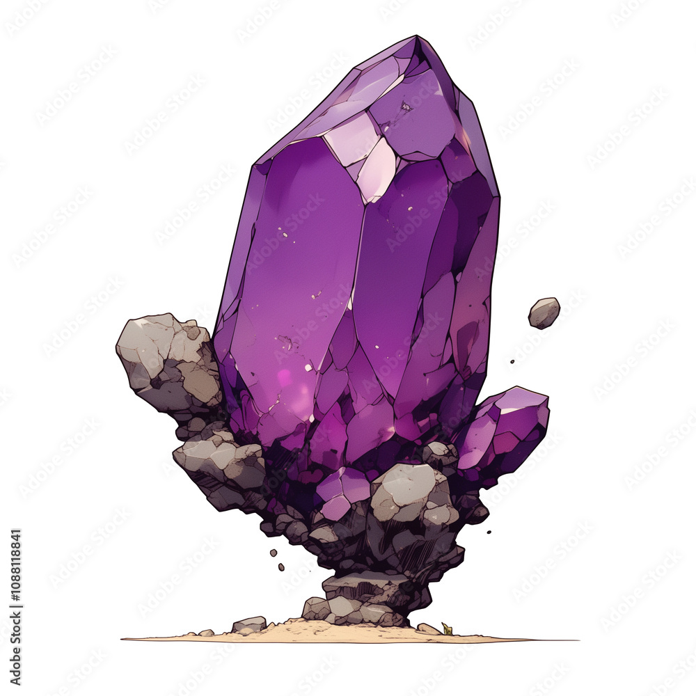 Poster vibrant purple crystal with sharp edges and rocky base, isolated on white background, exudes mystica