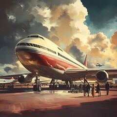 Obraz premium Retro jet airliner on tarmac with people watching.