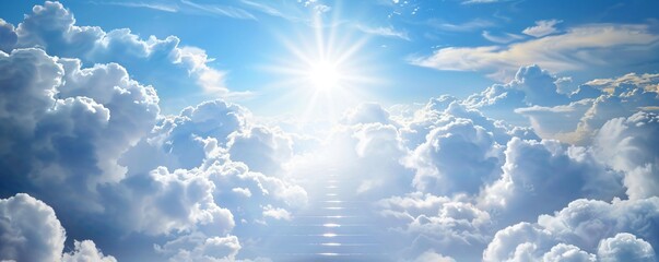 Stairs to heaven in beautiful blue sky. Stairway through the clouds leading to heavenly light. Heavens gate. After life concept in christian religion