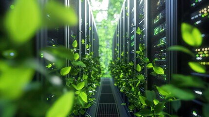 green it - plants around a server indicating eco-friendly data centers