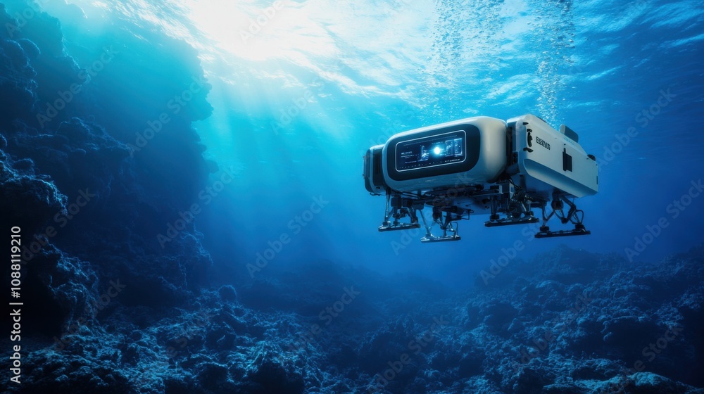 Poster A futuristic AI-driven autonomous underwater robot for deep-sea exploration, clean ocean environment with robots designed for mapping and studying marine geology, Deep-Sea Exploration style