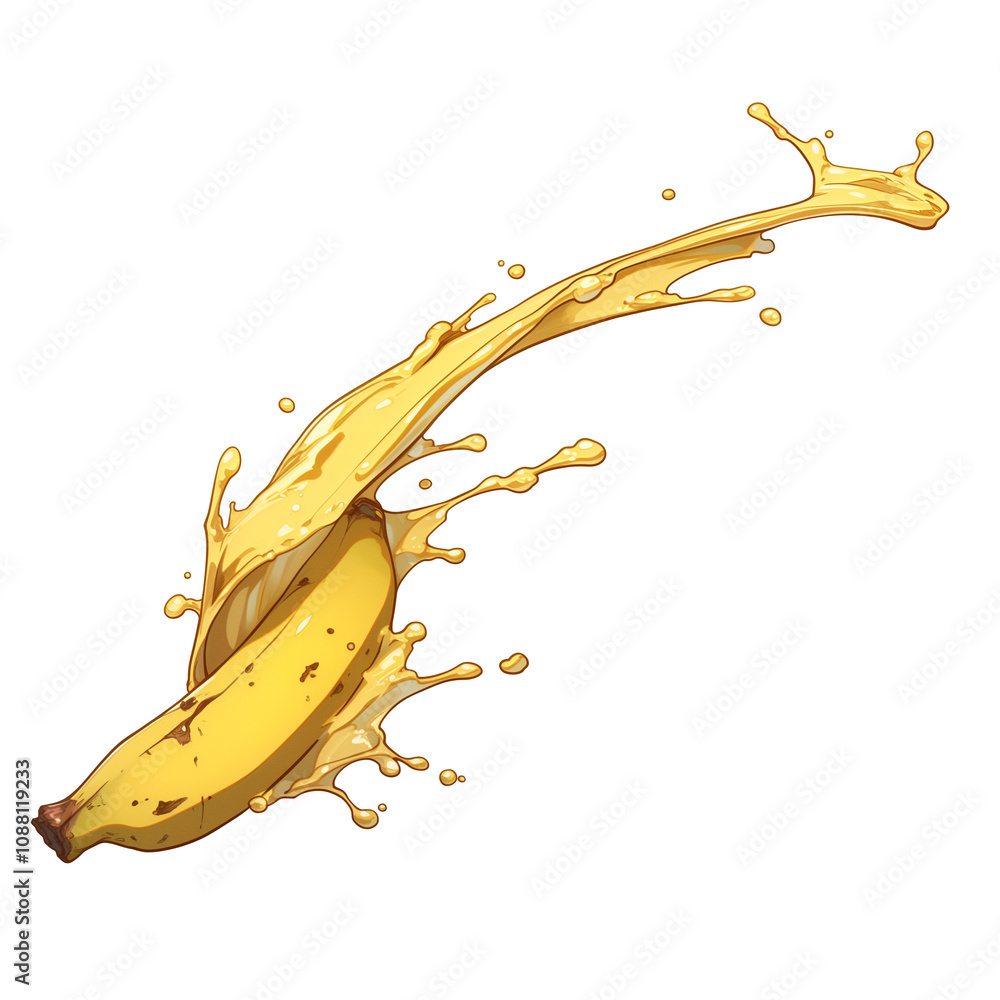 Aufkleber banana with vibrant splash of smoothie creates dynamic and energetic scene against white background.