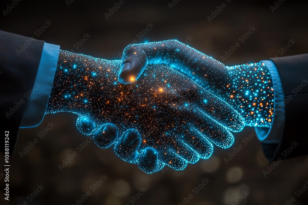 Poster digital handshake, glowing particles forming two hands clasped together in agreement.