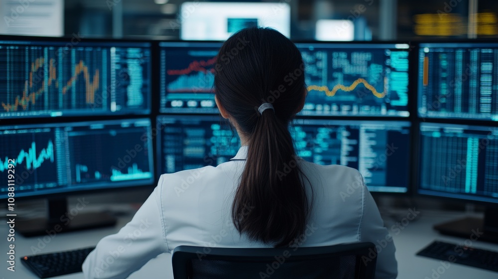 Poster data driven decisions: a woman in a professional setting, facing a wall of monitors displaying compl