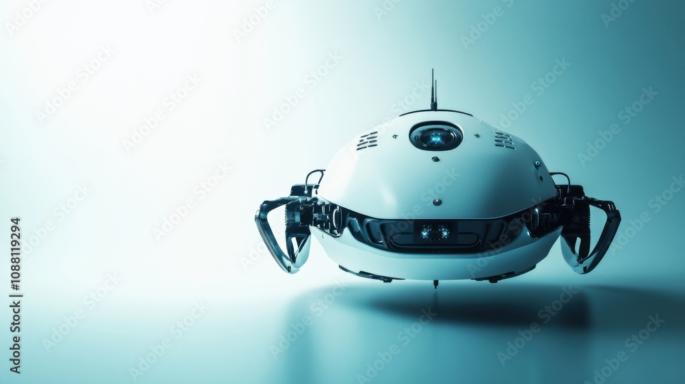 Poster A futuristic AI-driven autonomous underwater robot for ocean exploration, clean deep-sea environment with robots designed for studying underwater ecosystems and collecting data