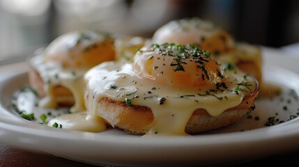 Delicious eggs benedict with creamy hollandaise sauce, served on toasted English muffins, garnished with fresh herbs.
