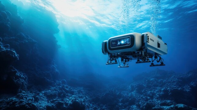 A futuristic AI-driven autonomous underwater robot for deep-sea exploration, clean ocean environment with robots designed for mapping and studying marine geology, Deep-Sea Exploration style