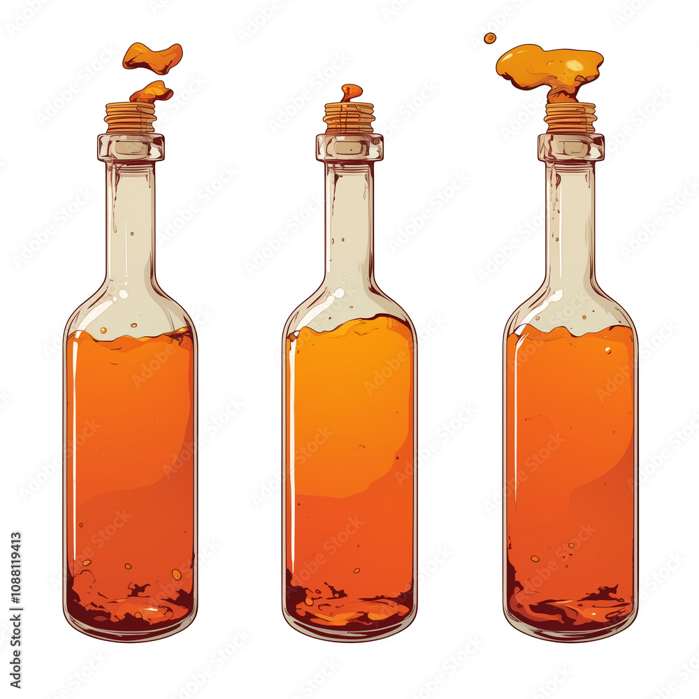 Aufkleber three tall glass bottles with orange liquid and corks, isolated on white background, display flat de
