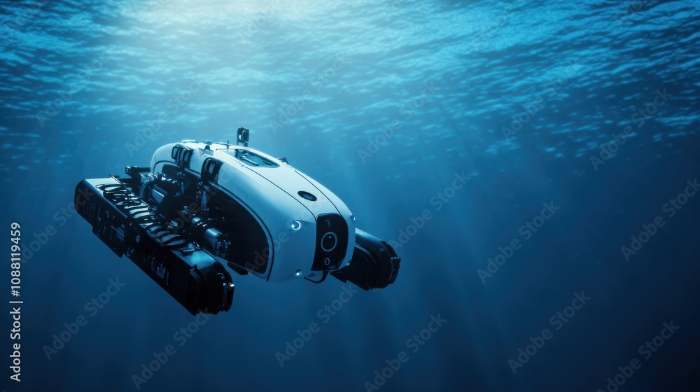 Poster A futuristic AI-driven autonomous underwater robot for ocean exploration, clean deep-sea environment with robots designed for studying underwater ecosystems and collecting data
